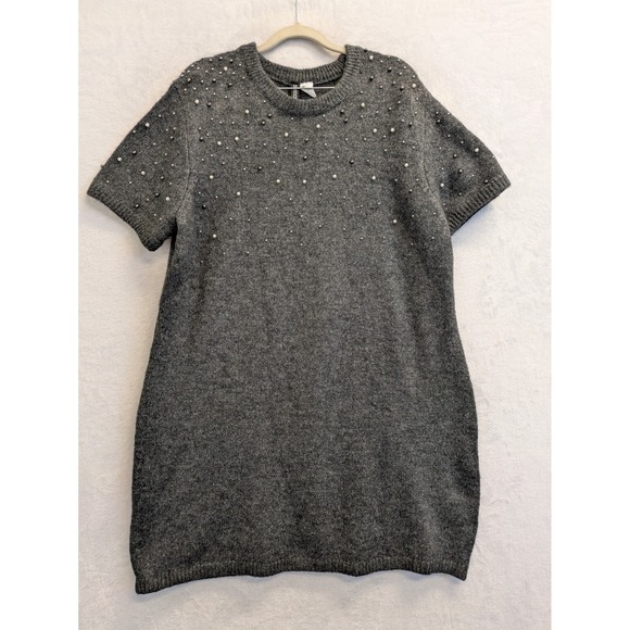 H&M Divided Womens Gray Beaded Knit Short Sleeve Mini Dress Size XL - Picture 1 of 8